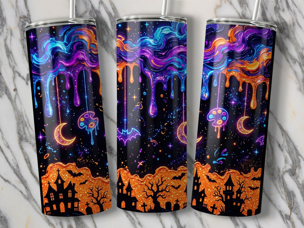 Halloween tumblers with neon dripping paint, moons, castles, bats, and stars.