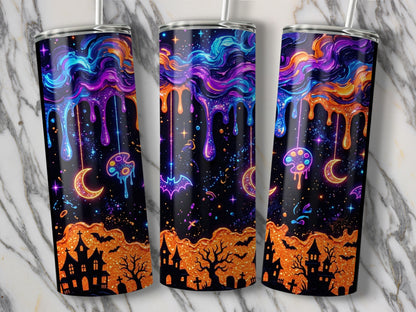 Halloween tumblers with neon dripping paint, moons, castles, bats, and stars.
