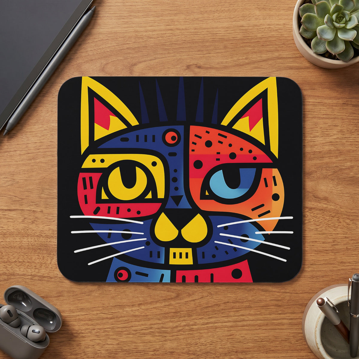 A rectangular mousepad featuring a colorful abstract cat face rests on a wooden desk.