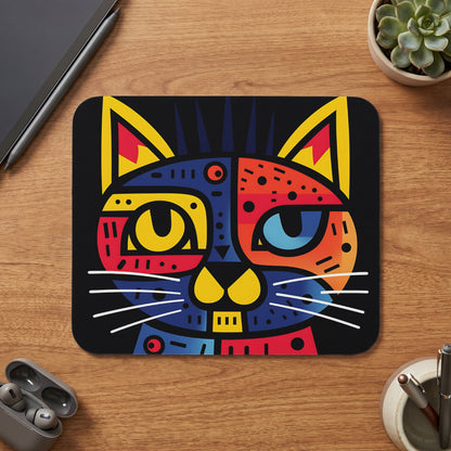A rectangular mousepad featuring a colorful abstract cat face rests on a wooden desk.