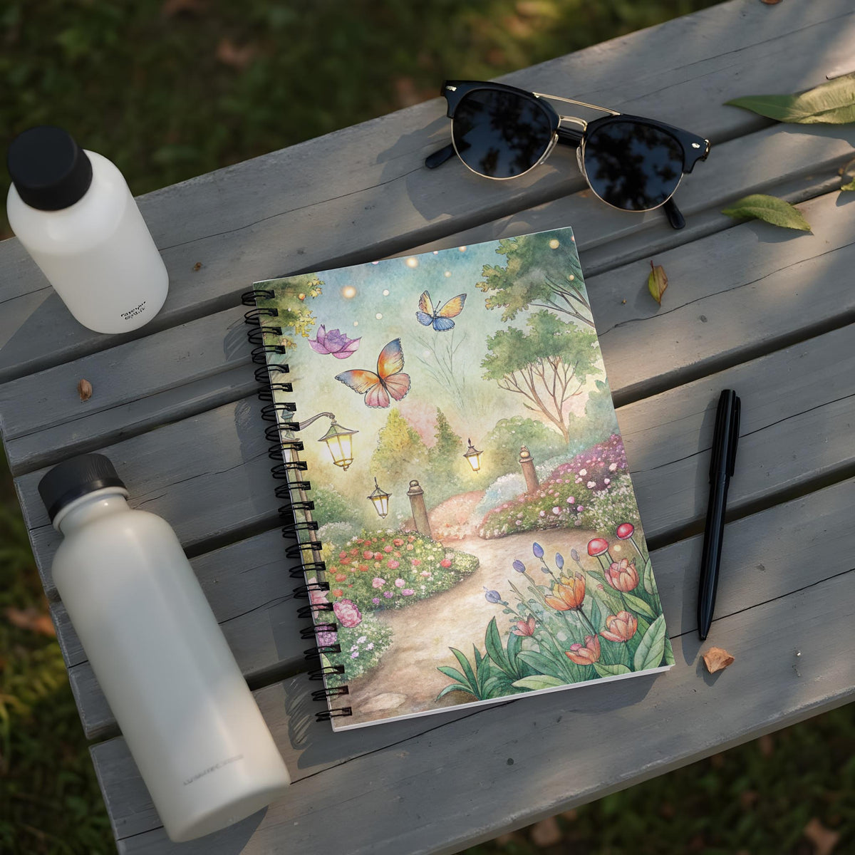 Spiral-bound notebook with a watercolor garden scene featuring butterflies and flowers.