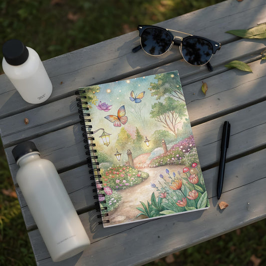 Spiral-bound notebook with a watercolor garden scene featuring butterflies and flowers.