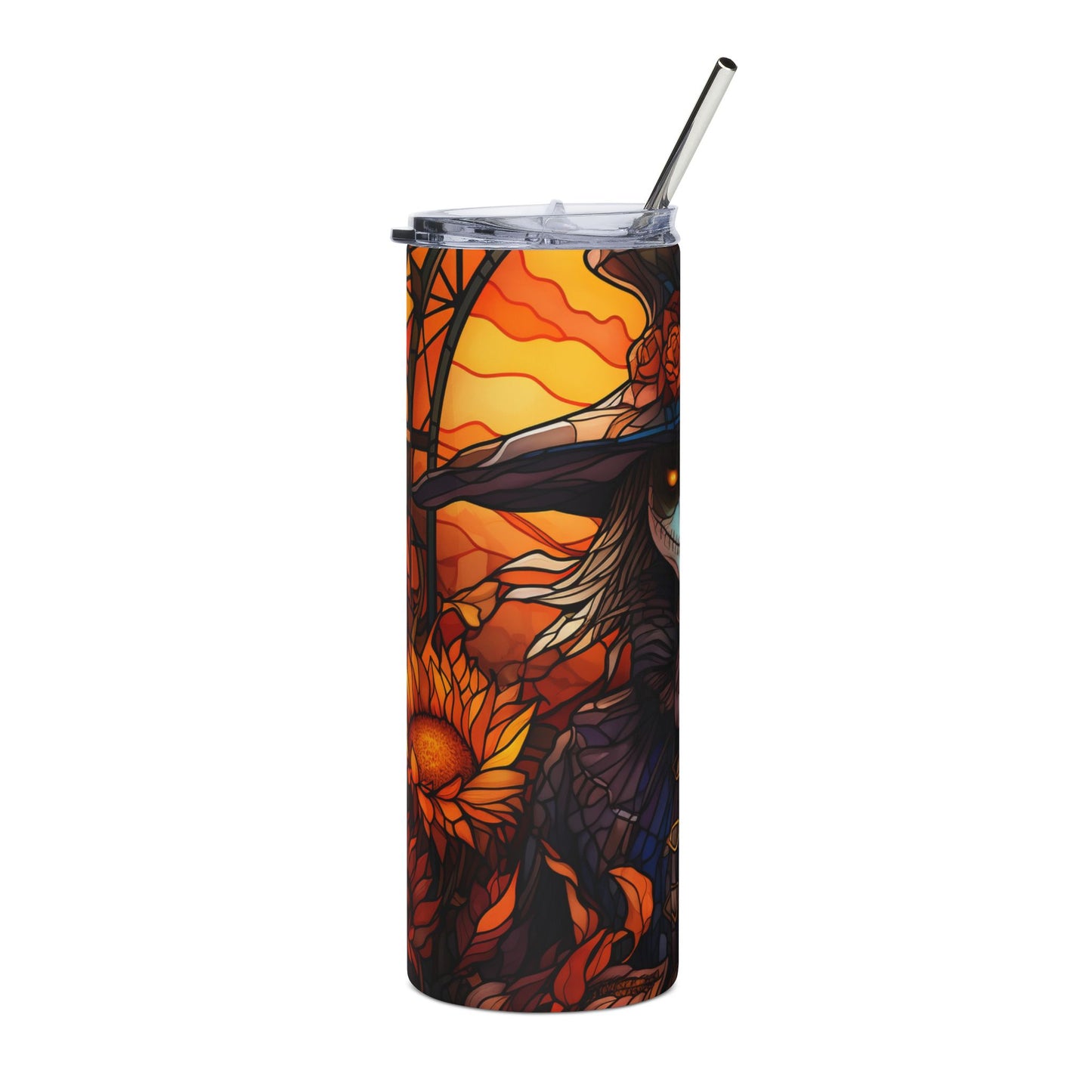 Tumbler featuring a witch, sunflower, and sunset in stained glass style.