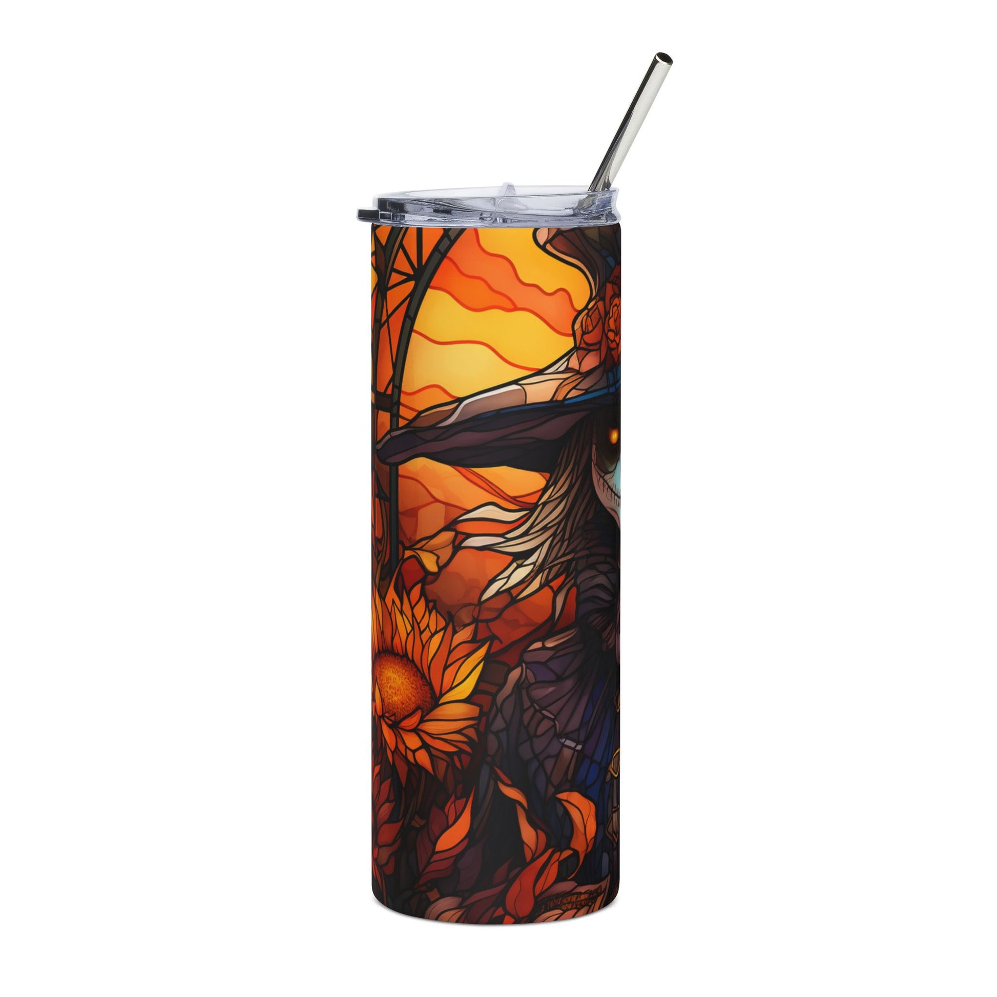 Tumbler featuring a witch, sunflower, and sunset in stained glass style.