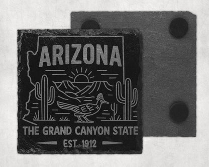 Slate coaster with Arizona map outline, desert scene, and text.