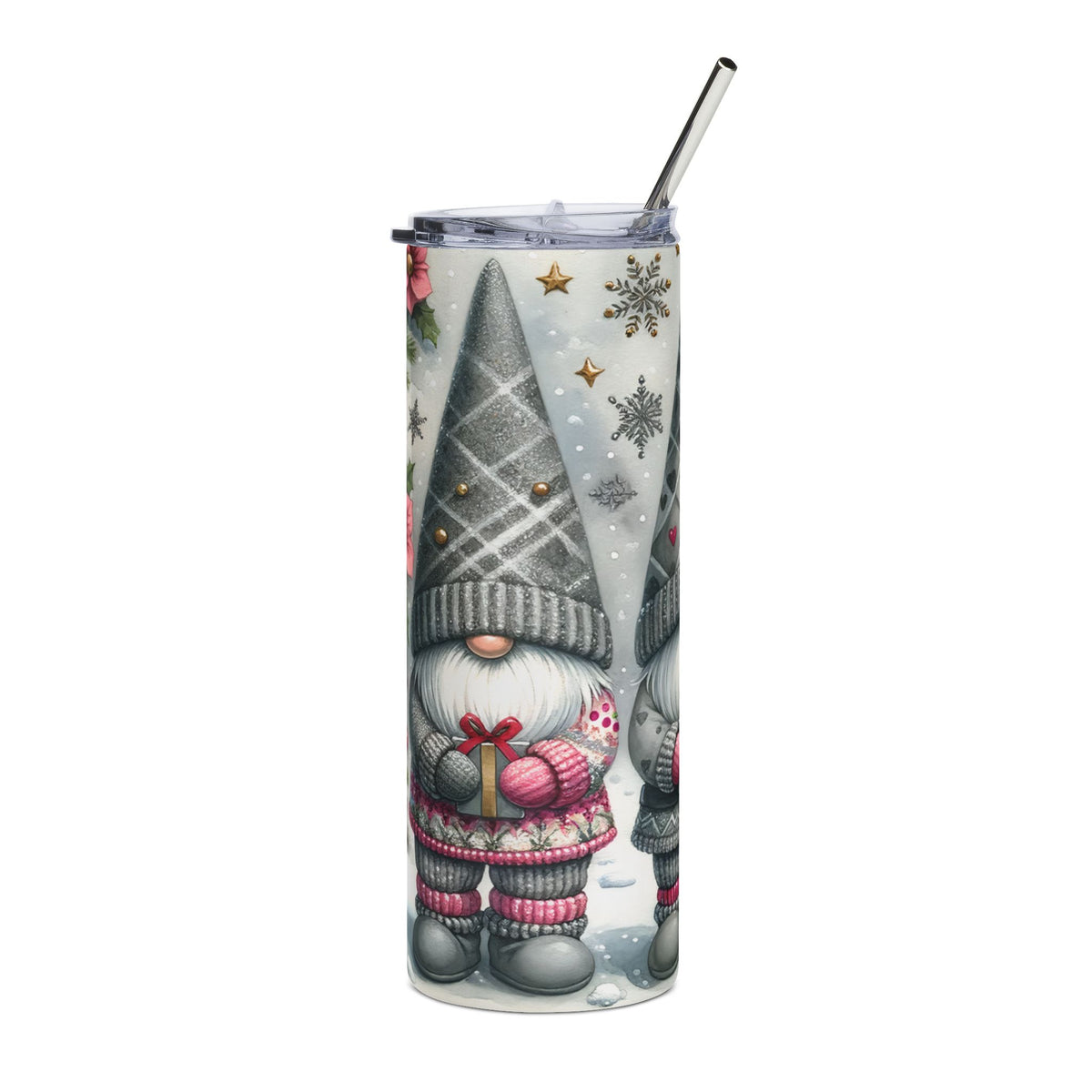 Tumbler with watercolor gnomes, snowflakes, and gifts, featuring a metal straw.