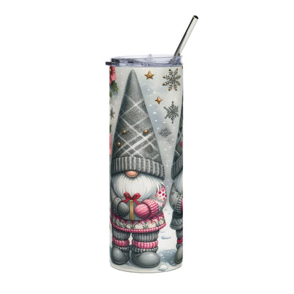 Tumbler with watercolor gnomes, snowflakes, and gifts, featuring a metal straw.