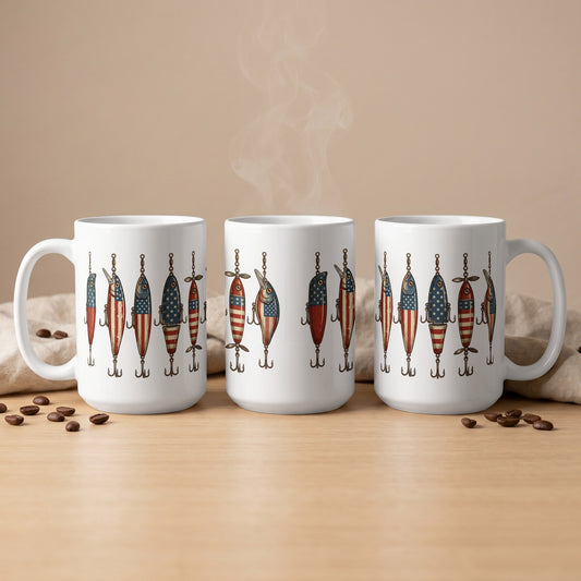Three white mugs displayed with fishing lures featuring American flag patterns.