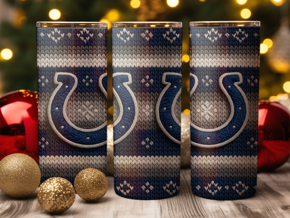Three tumblers with blue and white knit pattern and Indianapolis Colts logo.