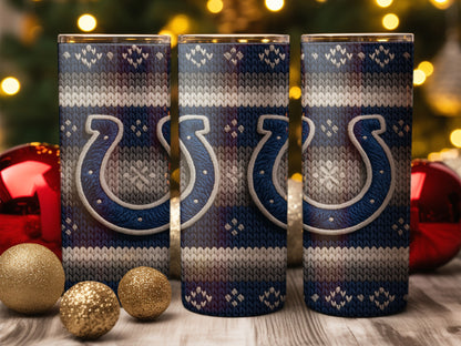 Three tumblers with blue and white knit pattern and Indianapolis Colts logo.