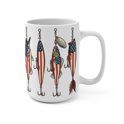 White mug with four American flag-themed fishing lures on the side.