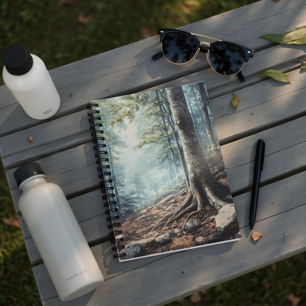 Spiral notebook with a forest scene, two water bottles, sunglasses, and a pen on a wooden surface.