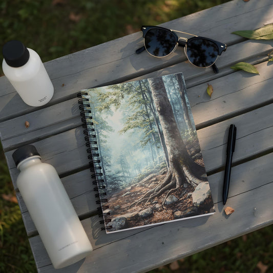 Spiral notebook with a forest scene, two water bottles, sunglasses, and a pen on a wooden surface.