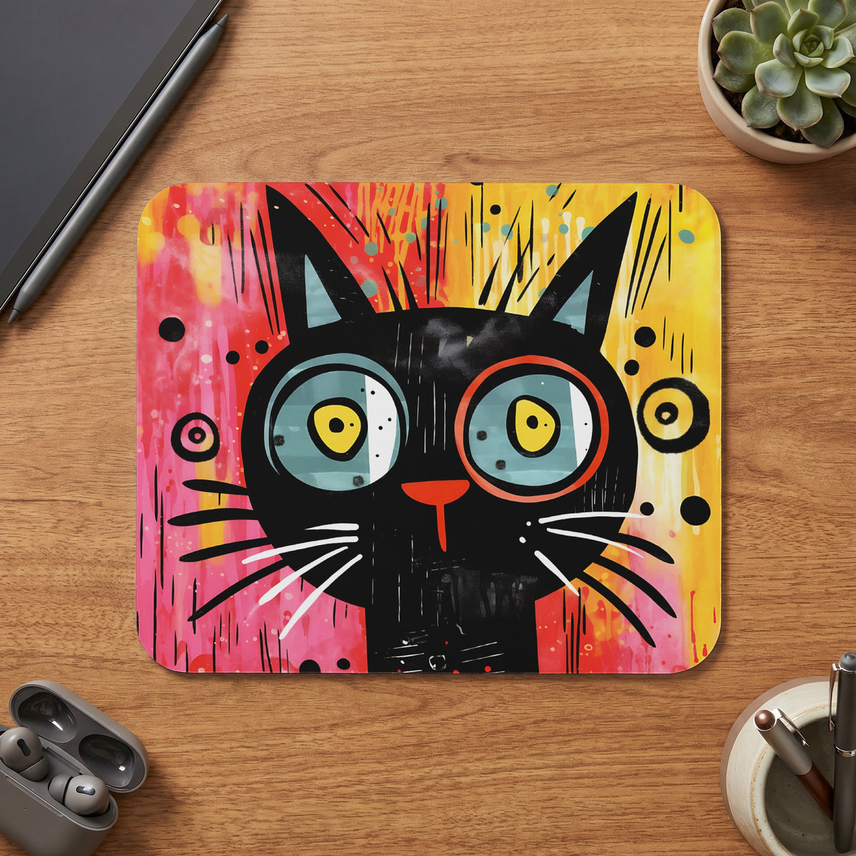 Whimsical black cat illustration with colorful abstract background on a square mat.