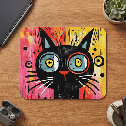 Whimsical black cat illustration with colorful abstract background on a square mat.