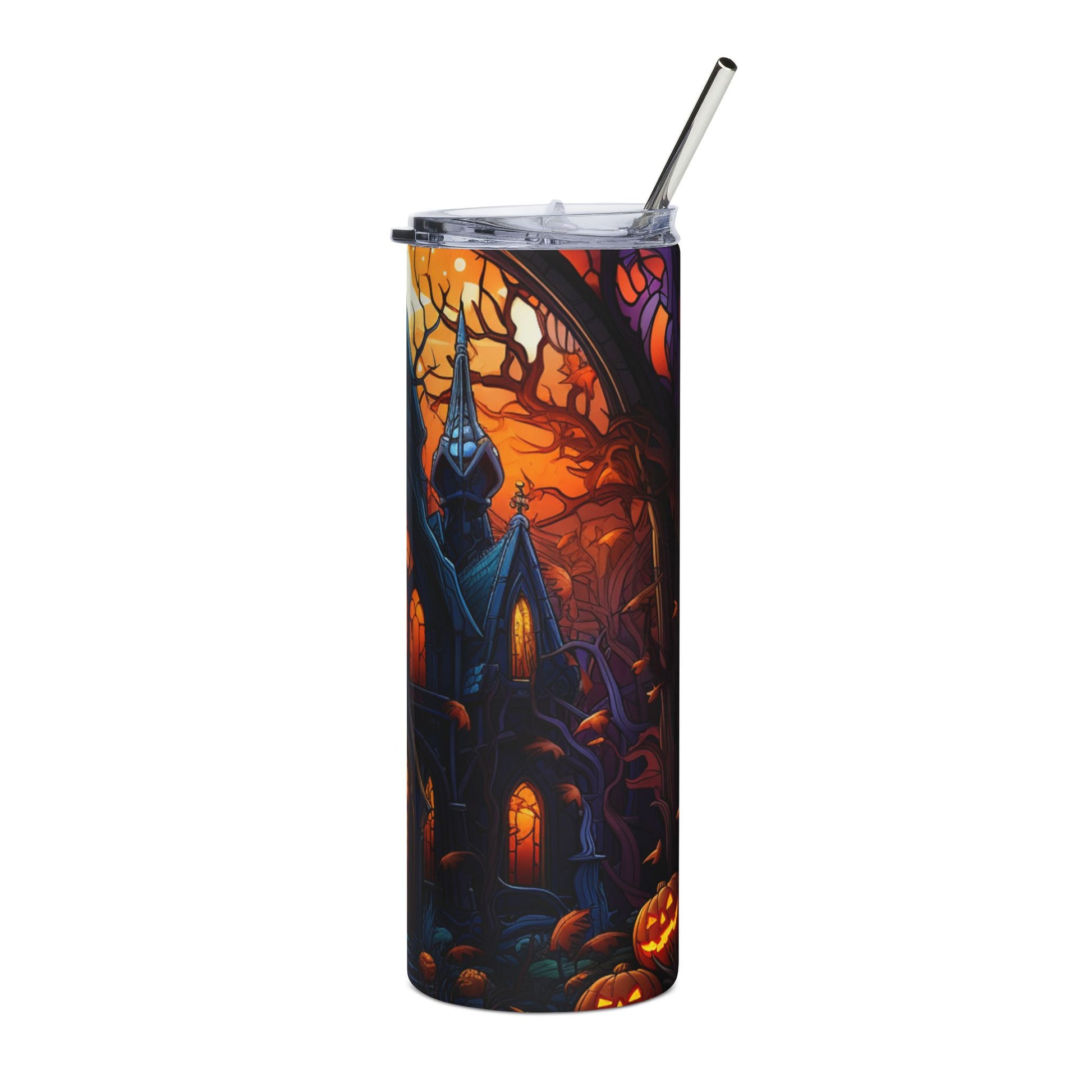 Tumbler with a spooky haunted house, pumpkins, and autumn trees at sunset.