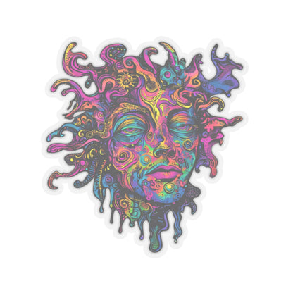 Psychedelic melting sun face with intricate patterns and vibrant colors.