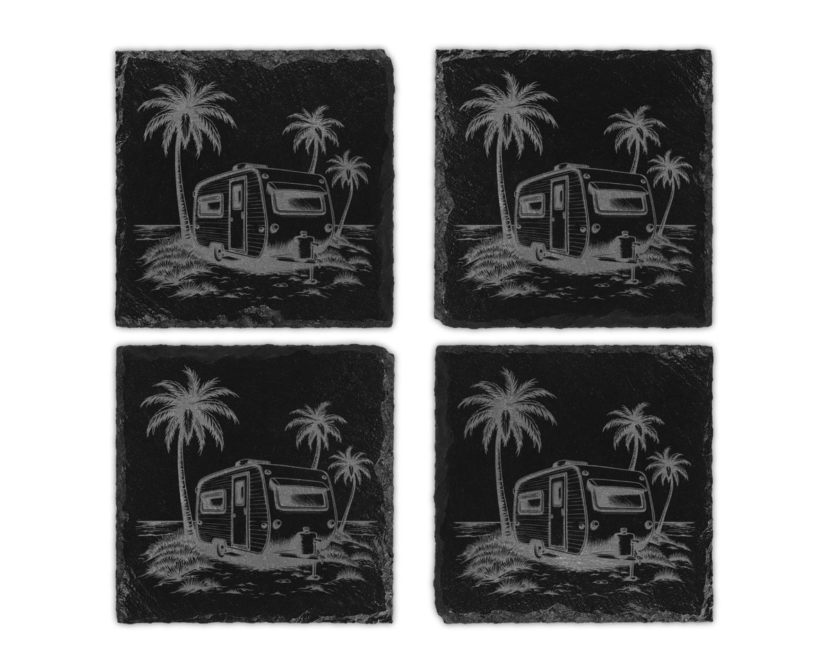 Four square black slate coasters featuring an engraved design of a vintage camper and palm trees.