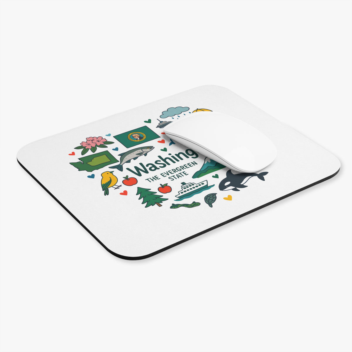 White mousepad with "Washington The Evergreen State" and state icons.