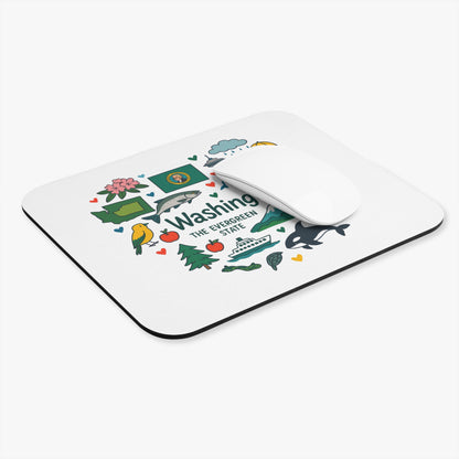 White mousepad with "Washington The Evergreen State" and state icons.