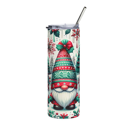 Christmas gnome tumbler with snowflake and gift pattern and metal straw.