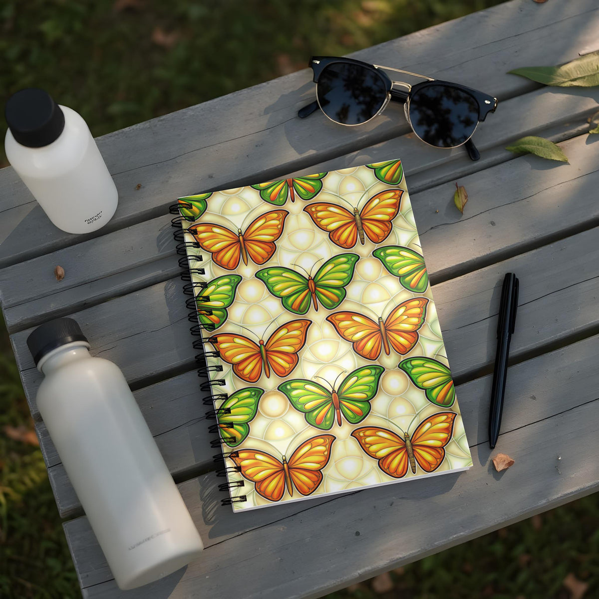 Notebook with a colorful butterfly pattern on a wooden table with sunglasses.