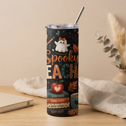 Tumbler with ghost, "Spooky Teach," books, apple, and coffee cup design.