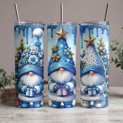 Three blue gnomes with gifts and Christmas trees on tumblers.