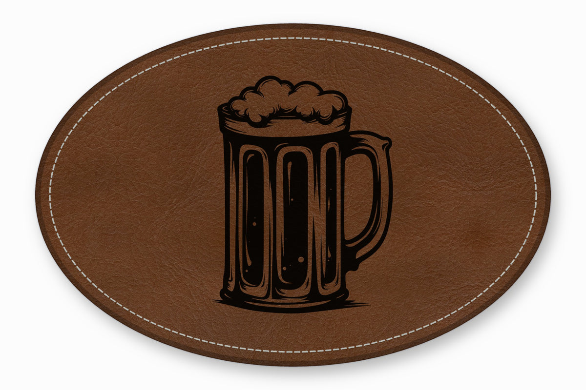 An oval brown leather patch features a black etched design of a frothy beer mug.