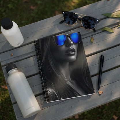 Notebook with black and white woman wearing blue sunglasses.