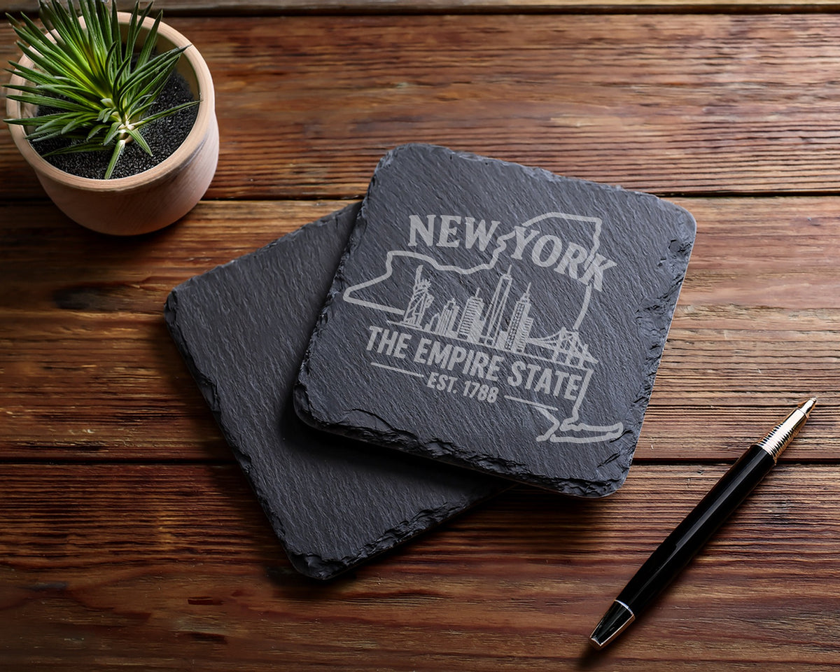 Two slate coasters with "New York The Empire State Est. 1788" engraving.
