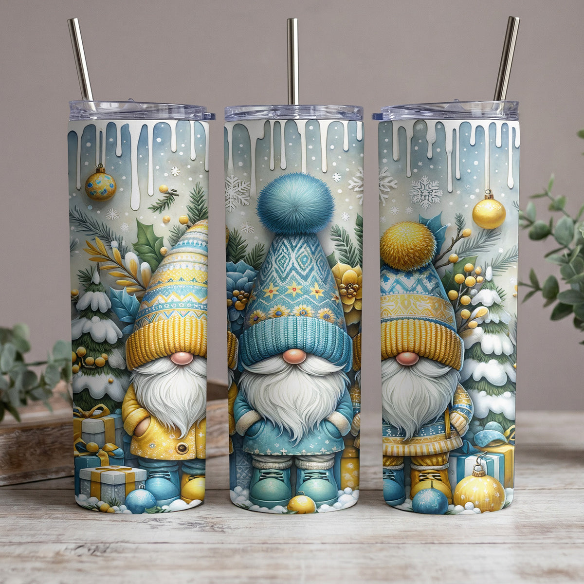 Three tumblers with a Christmas gnome and winter forest design.