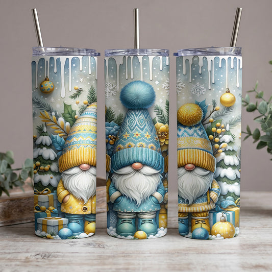 Three tumblers with a Christmas gnome and winter forest design.