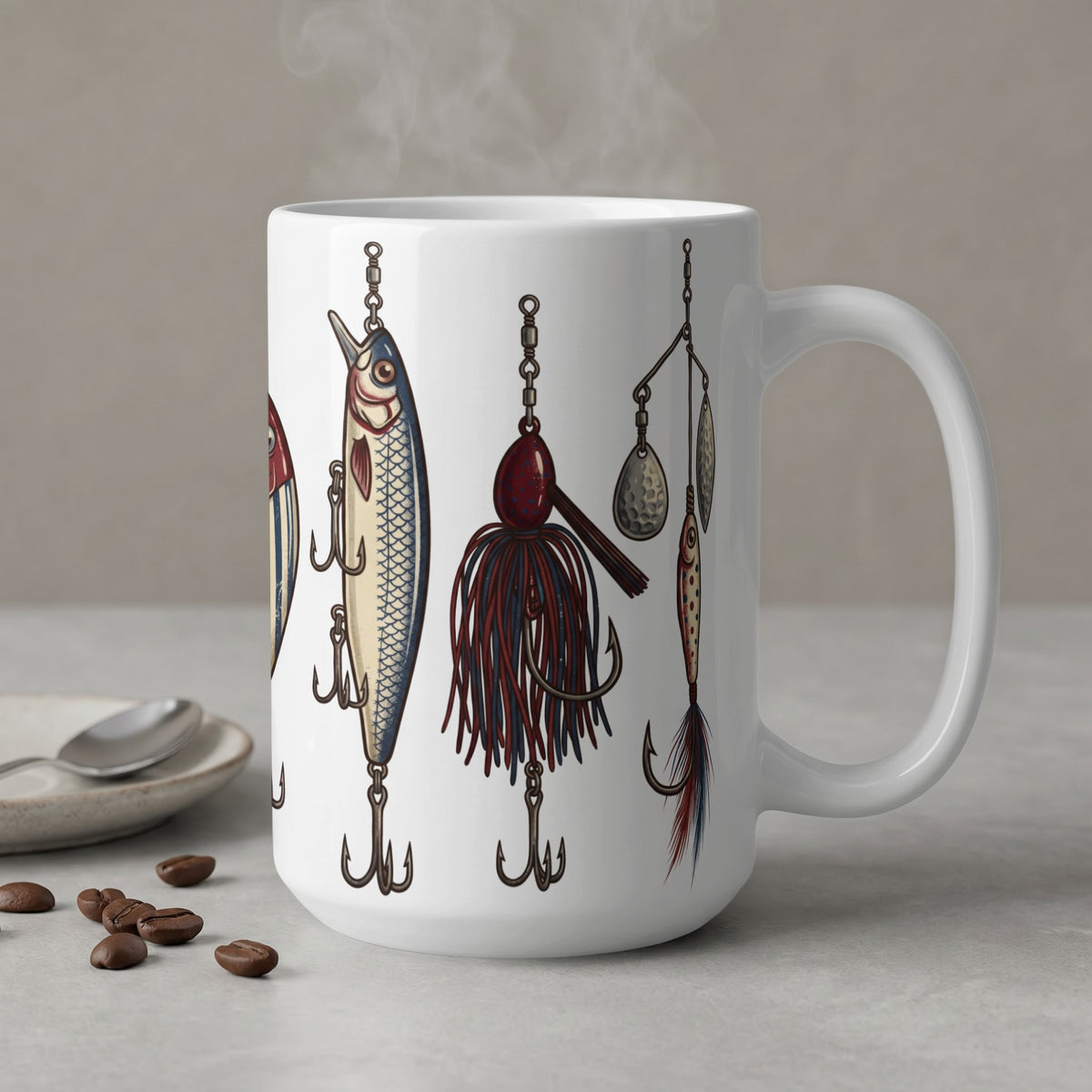 White mug with a design of various fishing lures and hooks.