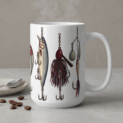 White mug with a design of various fishing lures and hooks.