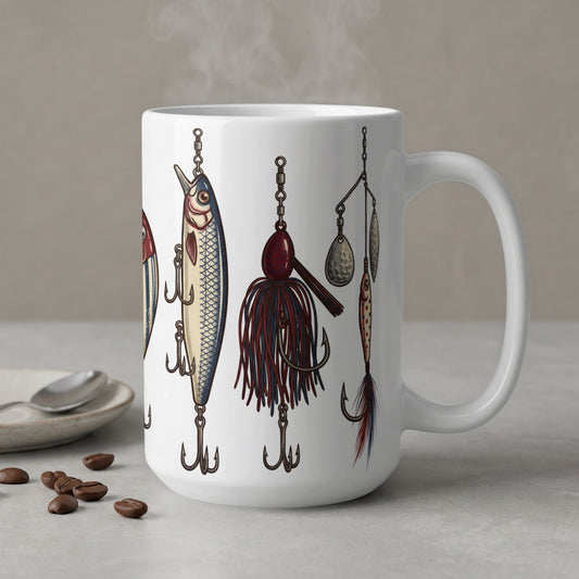 White mug with a design of various fishing lures and hooks.