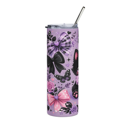 Purple tumbler with black cat, bows, butterflies, roses, and hearts design.