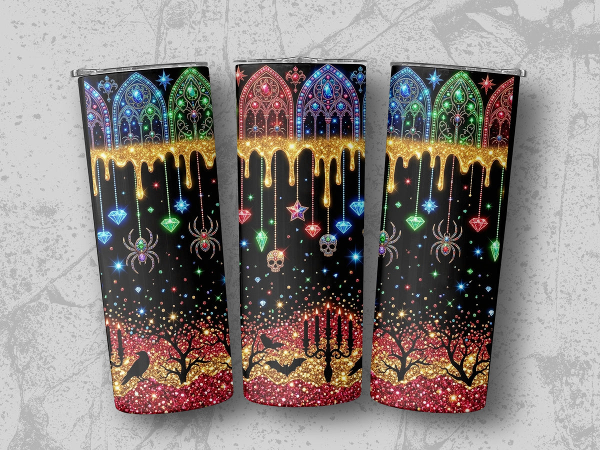 Three tumblers with gothic stained-glass windows, dripping gold, and Halloween motifs.