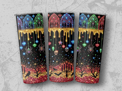 Three tumblers with gothic stained-glass windows, dripping gold, and Halloween motifs.