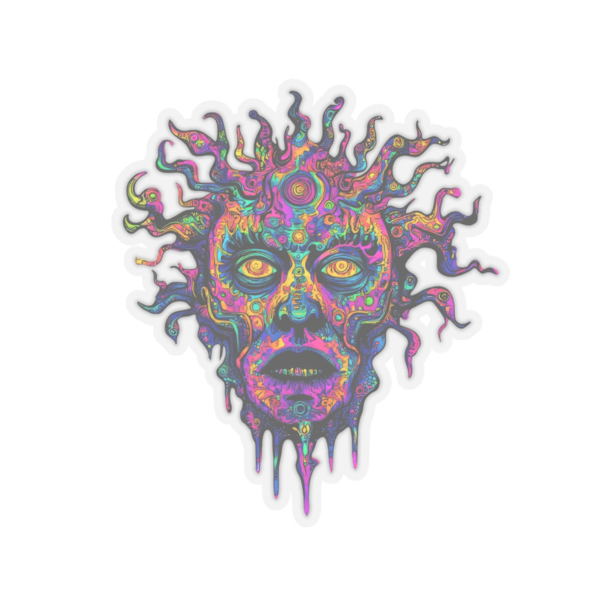 Psychedelic melting face with sun-like crown, vibrant colors and intricate patterns.