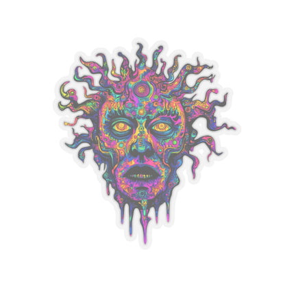 Psychedelic melting face with sun-like crown, vibrant colors and intricate patterns.