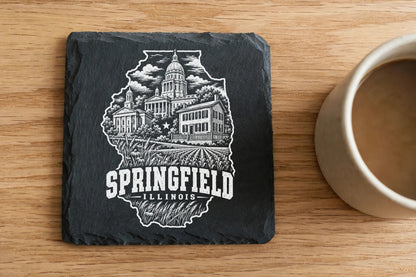 A square black slate coaster engraved with a Springfield Illinois design next to a coffee mug.