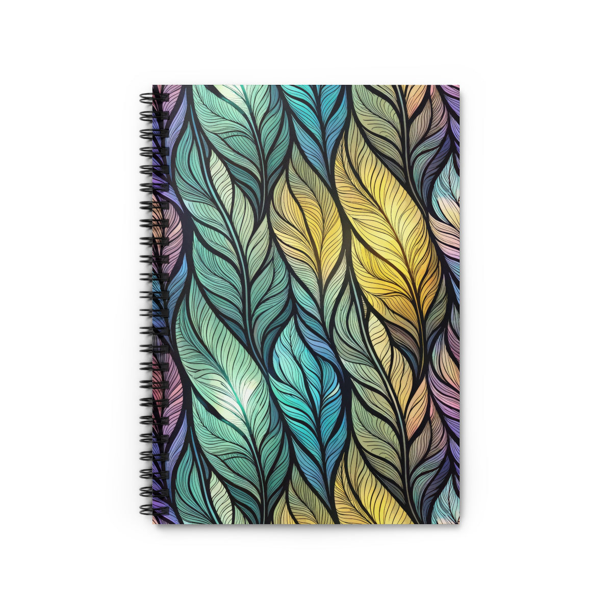 Spiral-bound notebook with a colorful abstract feather pattern.