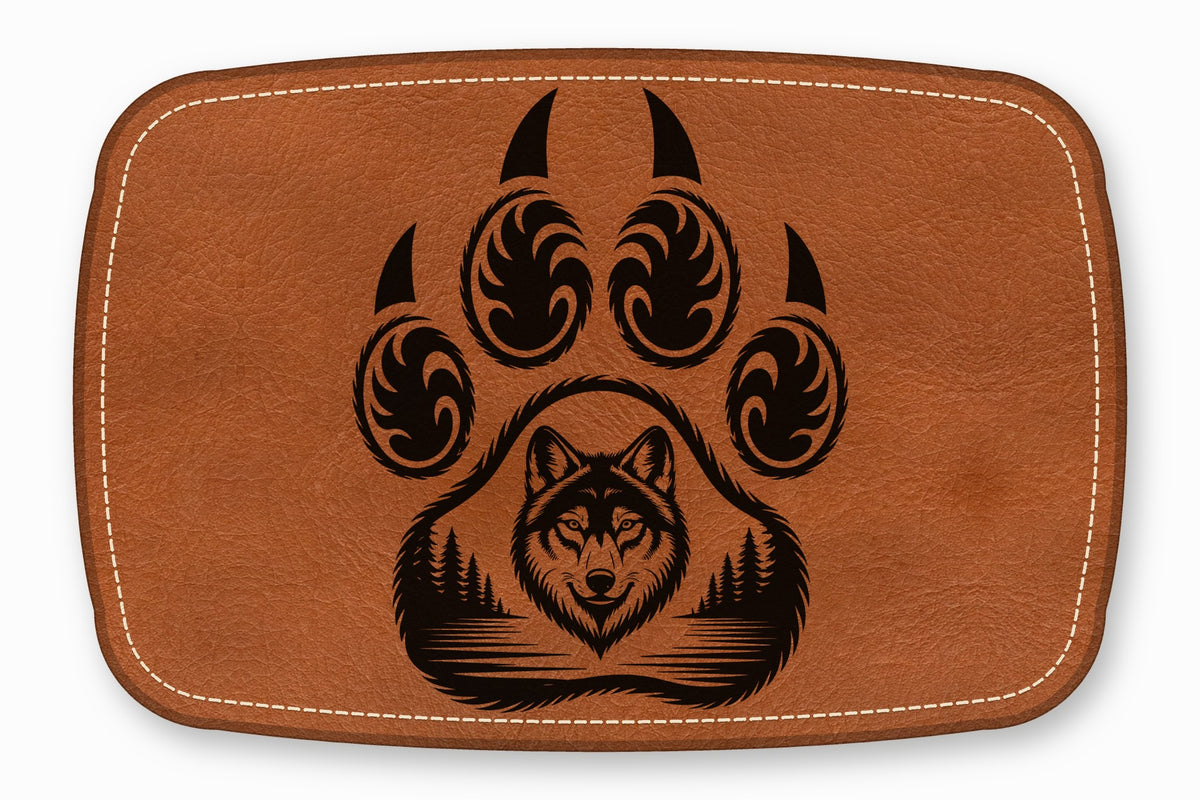 Brown rectangular leather patch with rounded corners, white stitching, and a black wolf and bear paw design.