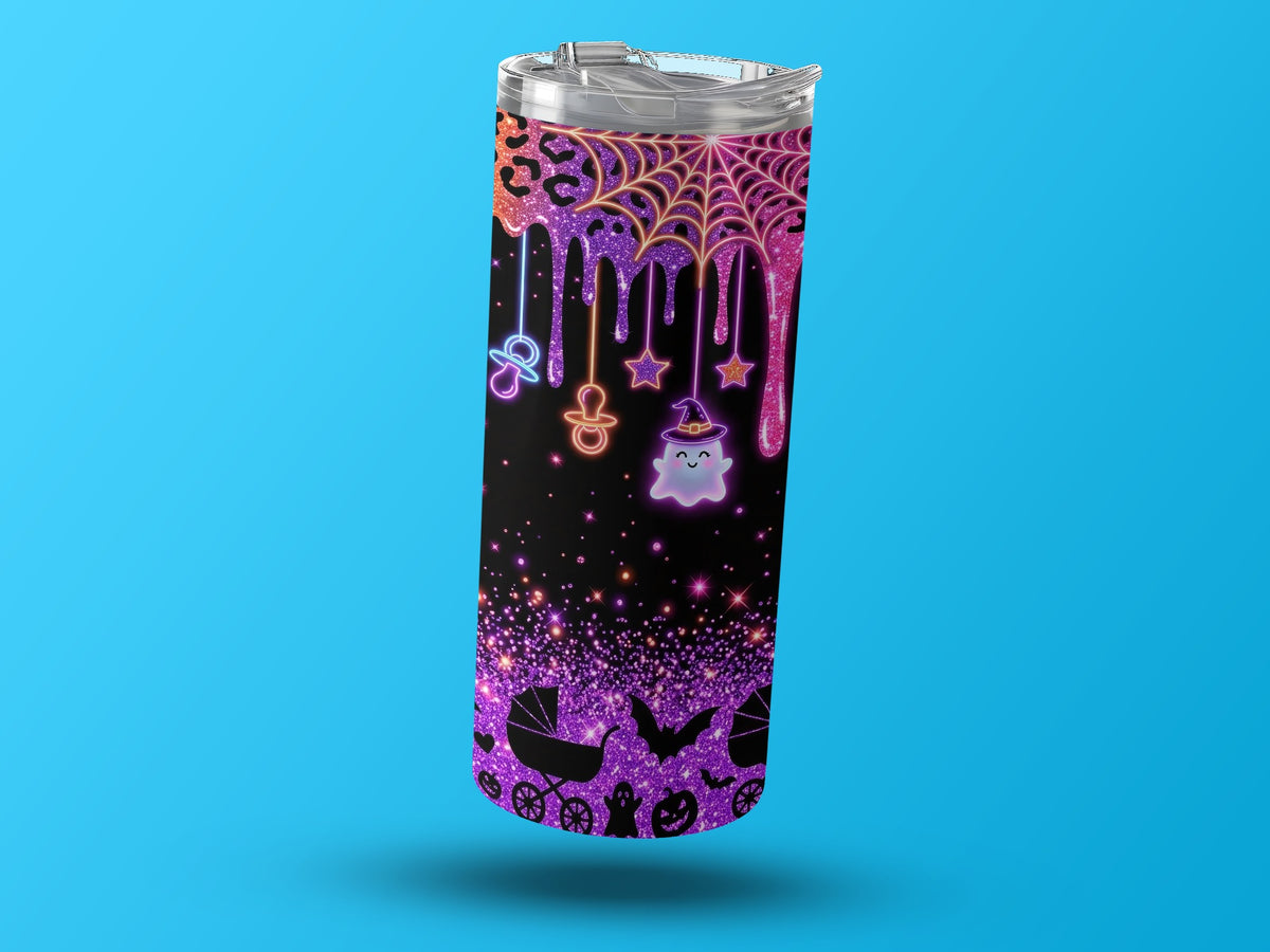 Tumbler with Halloween baby theme: ghost, stroller, bats, pumpkin, and pacifiers.