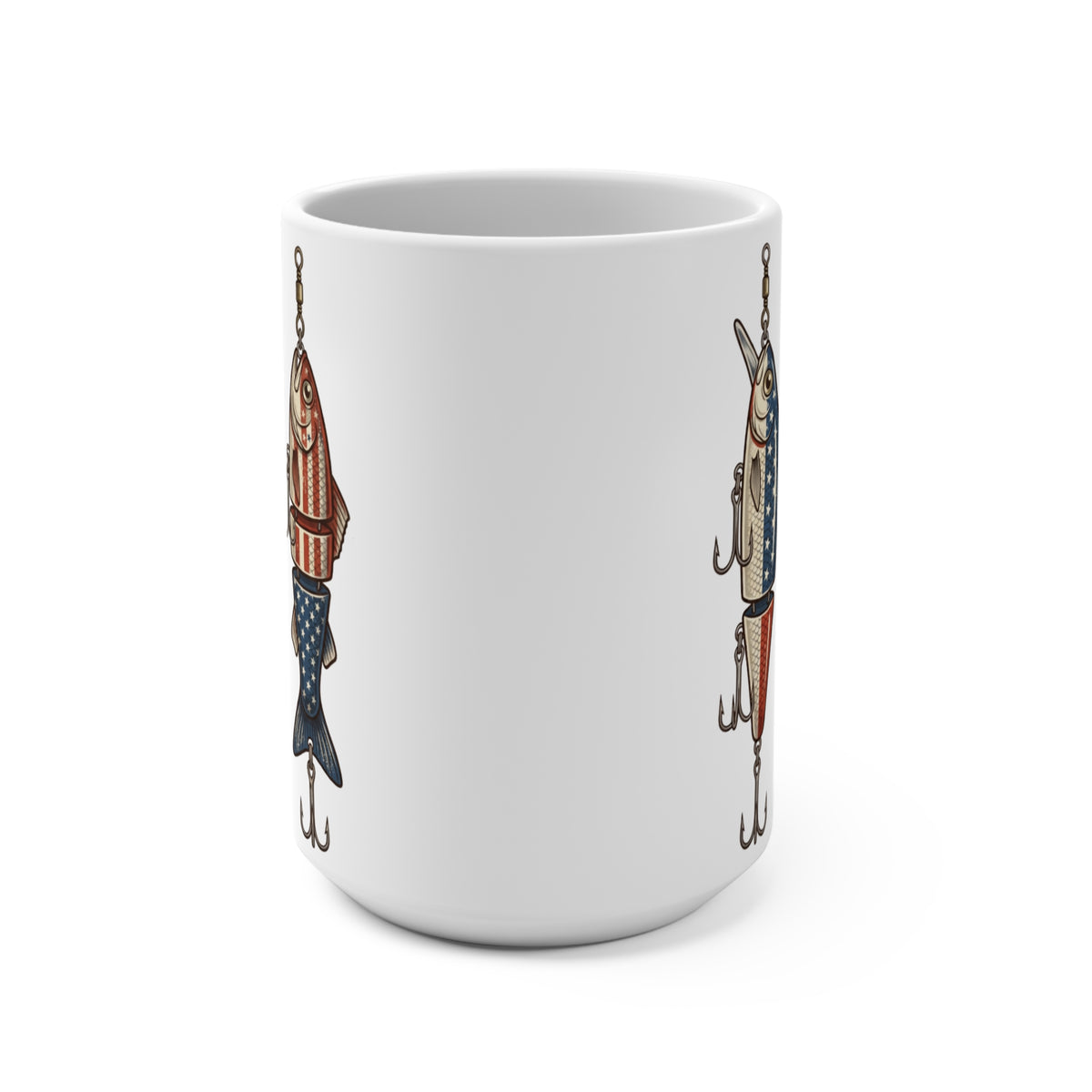 White mug with a fishing lure design featuring American flag motifs on its sides.
