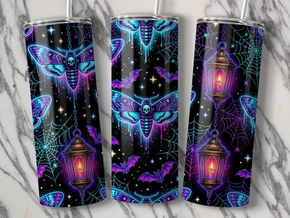 Three tumblers with a dark gothic design featuring moths, bats, lanterns, and spiderwebs.