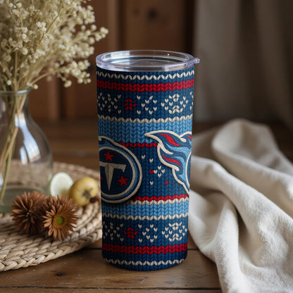 Tennessee Titans tumbler with a blue, red, and white knit pattern.