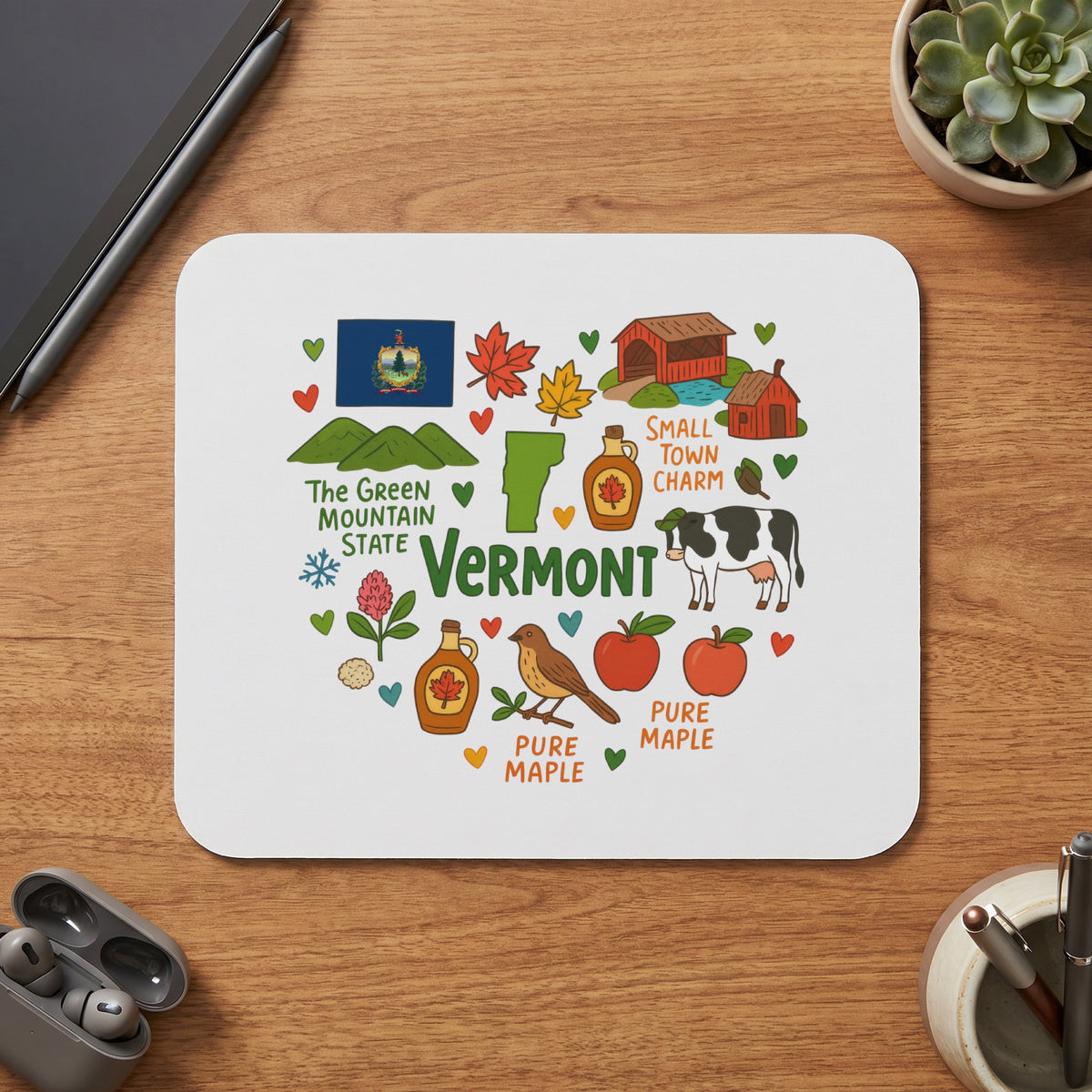 Vermont collage featuring state flag, map, and icons like covered bridges and maple syrup.