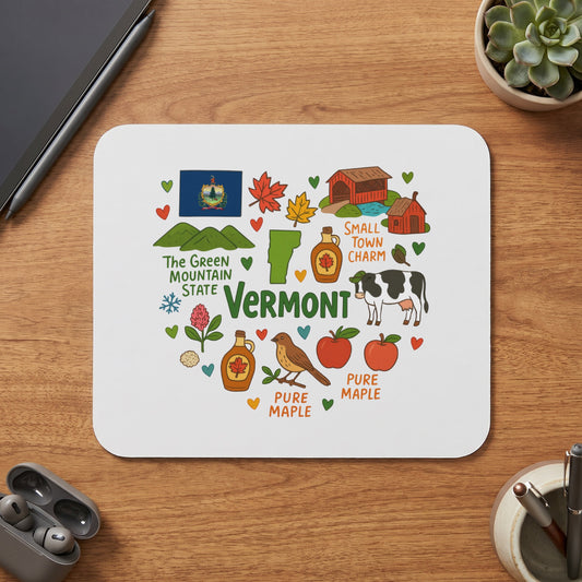 Vermont collage featuring state flag, map, and icons like covered bridges and maple syrup.